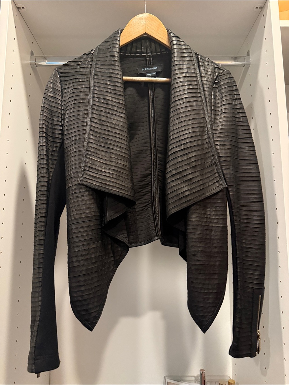 Marciano Black Ribbed Open-Front Leather Jacket